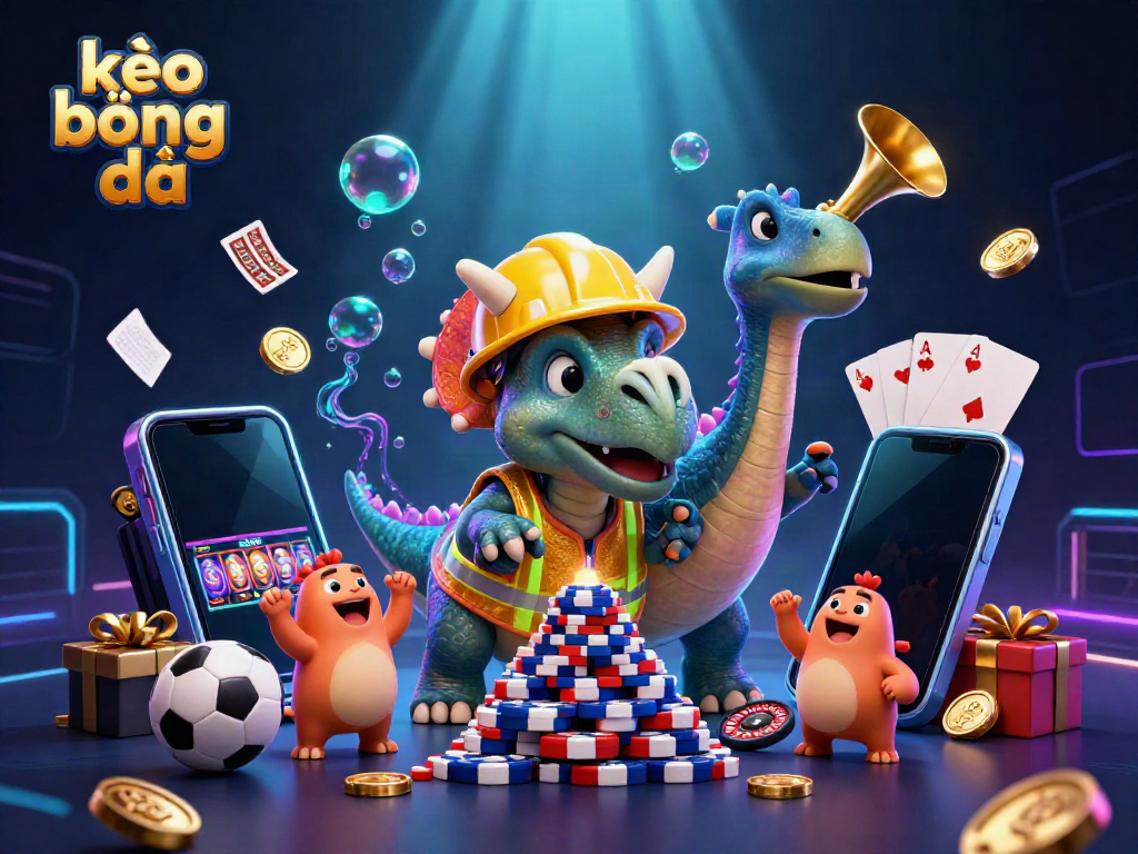 Engaging scene of a triceratops building poker chip pyramids with soccer balls and betting slips in a vibrant kèo bóng đá backdrop.