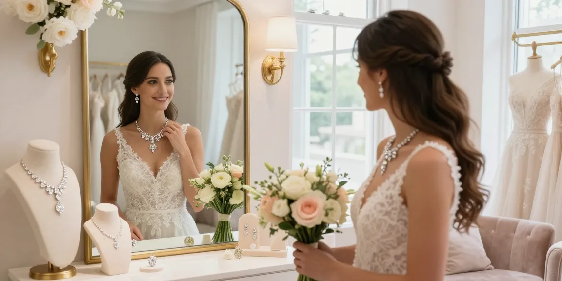 Bridal diamond necklace showcased on a bride-to-be in an elegant boutique setting, enhancing her joy and elegance.