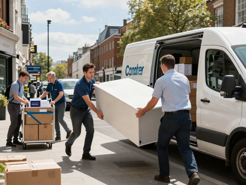 Office movers London professionally relocating furniture and supplies during a busy office move in a vibrant urban setting.
