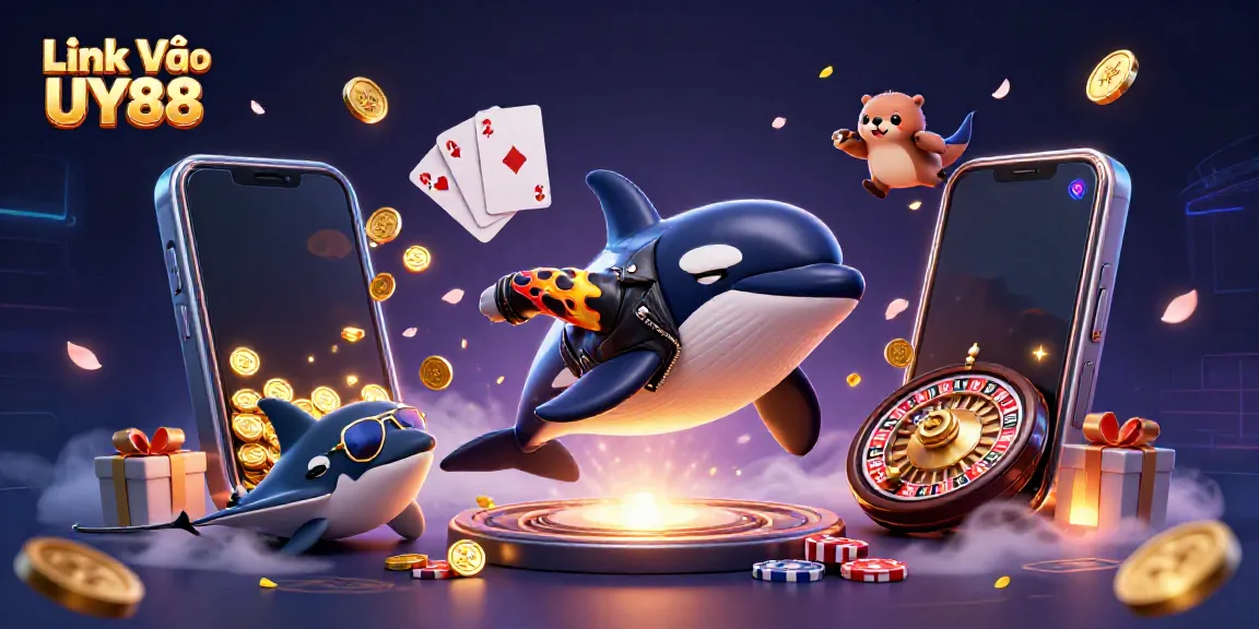 Experience the vibrant dynamic world of Link Vào UY88 through an engaging illustration featuring animated sea creatures celebrating with coins and gaming elements.
