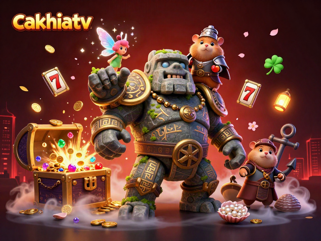 Experience high-stakes excitement in cakhiatv's vibrant online casino world with thrilling slot reels and charming characters.