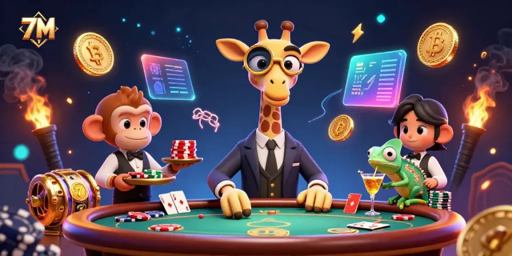 Engage with 7M live casino excitement through a high-roller giraffe and monkey valet illustration.