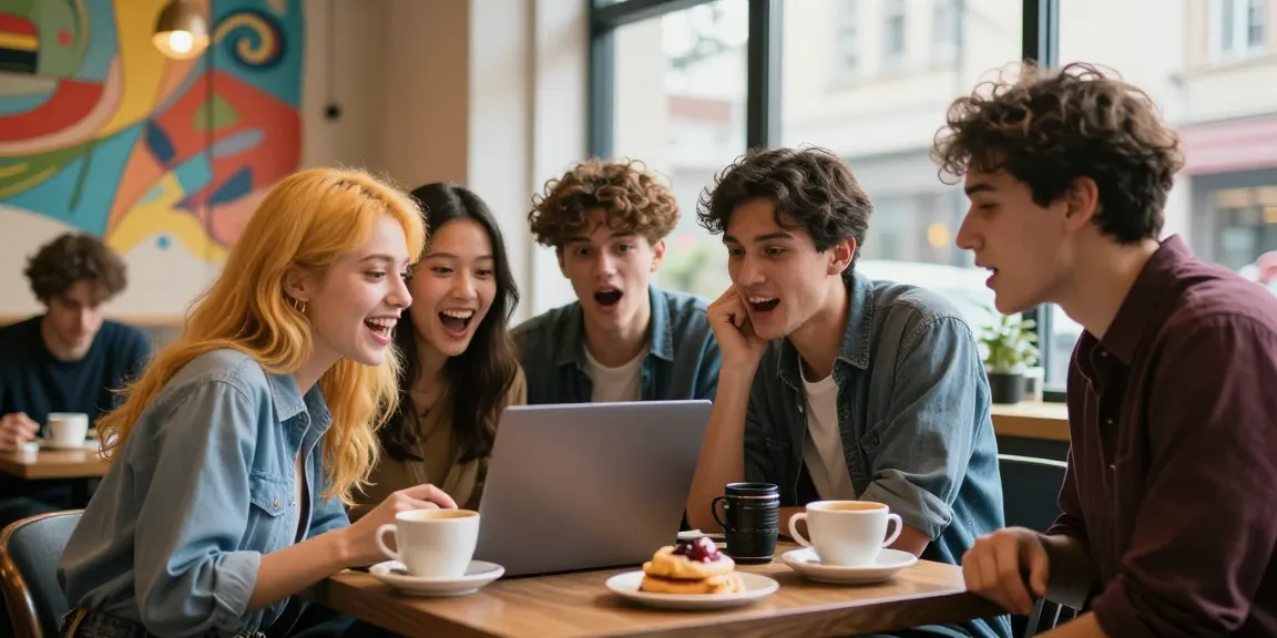 Friends exploring nsfw content together in a lively coffee shop environment.