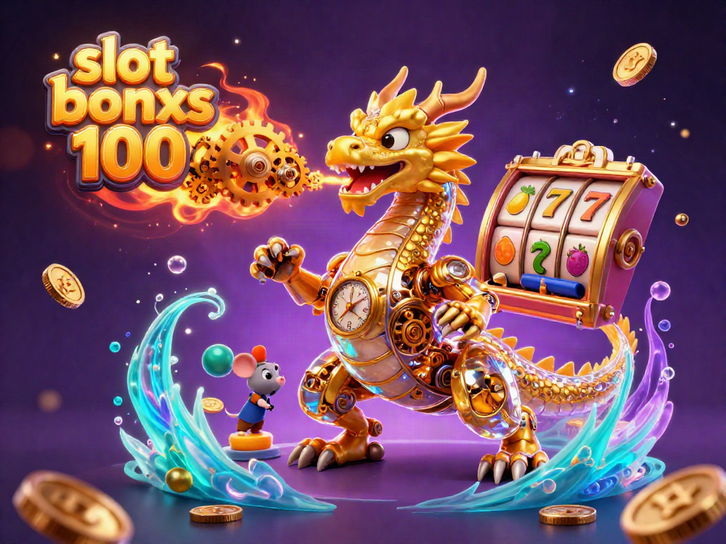 Experience the thrill of slot bonus 100 in a vibrant 3D casino scene with a golden dragon and colorful game elements.
