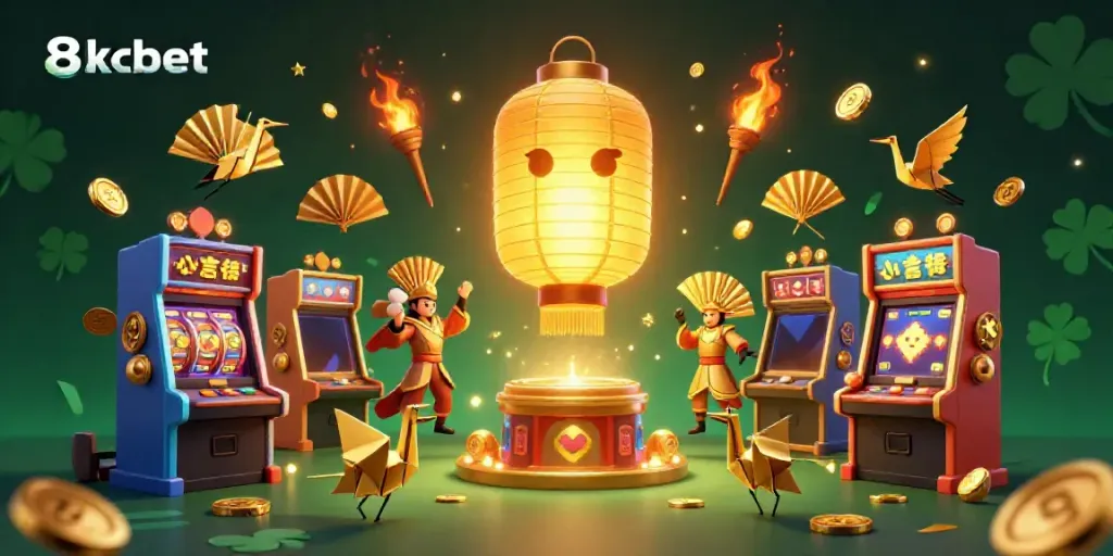 Engage with the spirit of 8xbet in this dynamic casino scene featuring vibrant characters and arcade game elements.