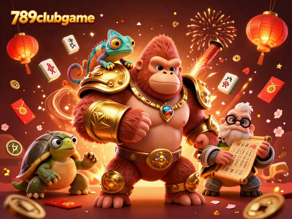 Experience the excitement of 789clubgame with a powerful gorilla king and vibrant gambling elements.