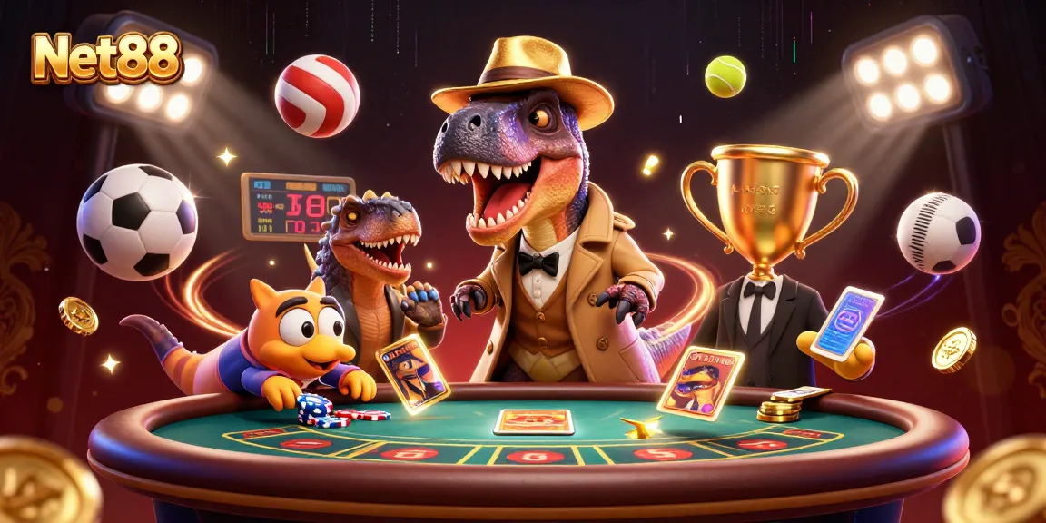 Net88 velociraptor card counter and companions at blackjack, dynamic sports betting scene.