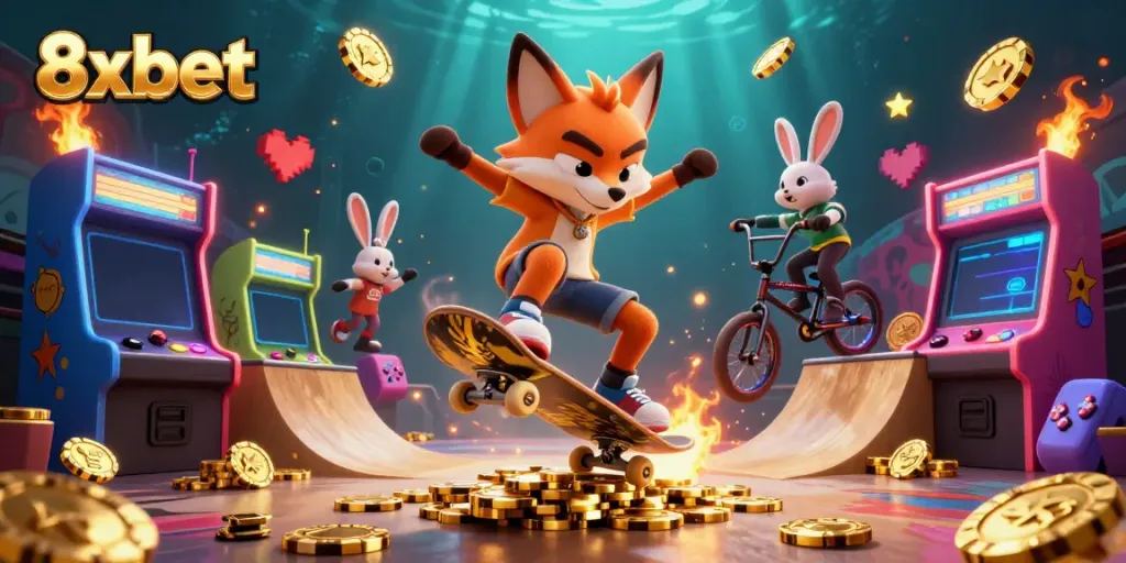 Join the excitement with 8xbet as a skateboarder fox and BMX-riding rabbit showcase thrilling tricks in a vibrant casino-themed arcade.