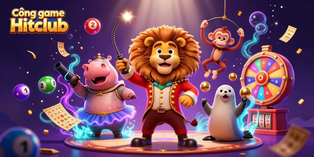 Cổng game Hitclub showcases vibrant characters engaging in dynamic casino fun with colorful lottery elements