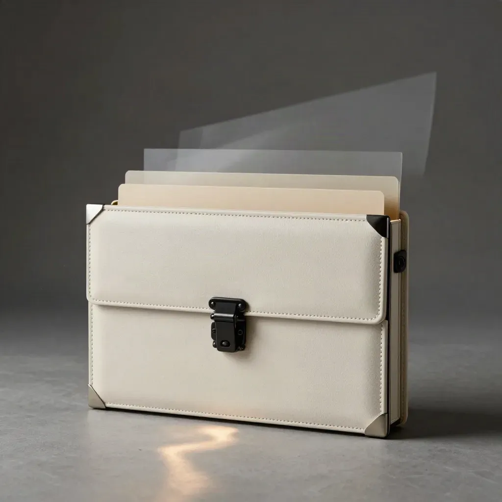 Off-white portfolio case with pale tab sleeves floating in soft grey studio light