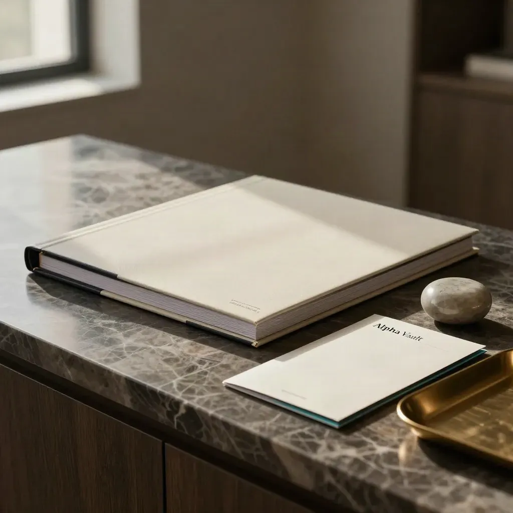 Cream wealth review folio with stone paperweight and brass tray on dark marble.