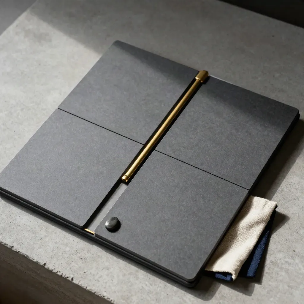 Overhead graphite finance board with brass divider, blank cards, linen square and stone token.