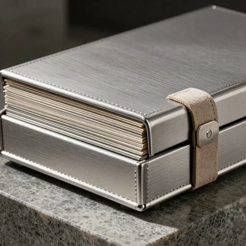 Matte platinum portfolio box half open with brushed-metal inserts and a suede strap on stone.