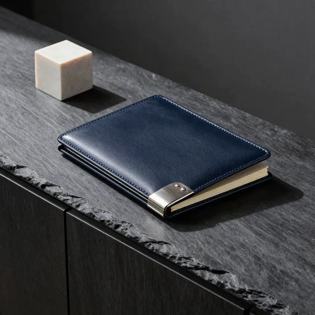Navy finance folio, folded notebook and stone cube on slate in dramatic studio light.