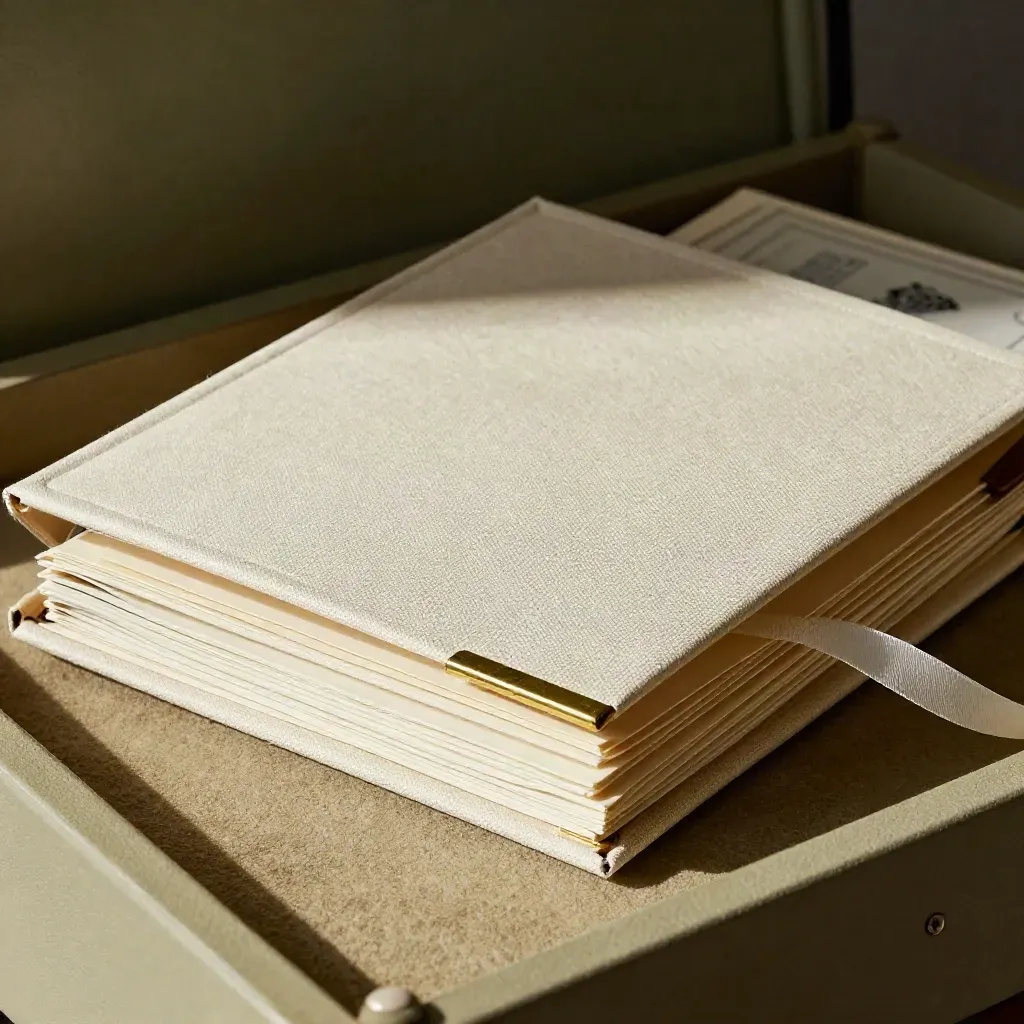 Ivory linen wealth folder partly open with brass tab and ribbon in a dim vault shelf