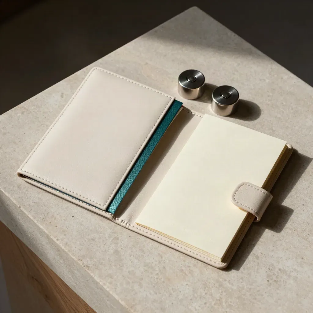 Overhead flatlay of a cream portfolio wallet, metal weights, and folded note card on pale stone.
