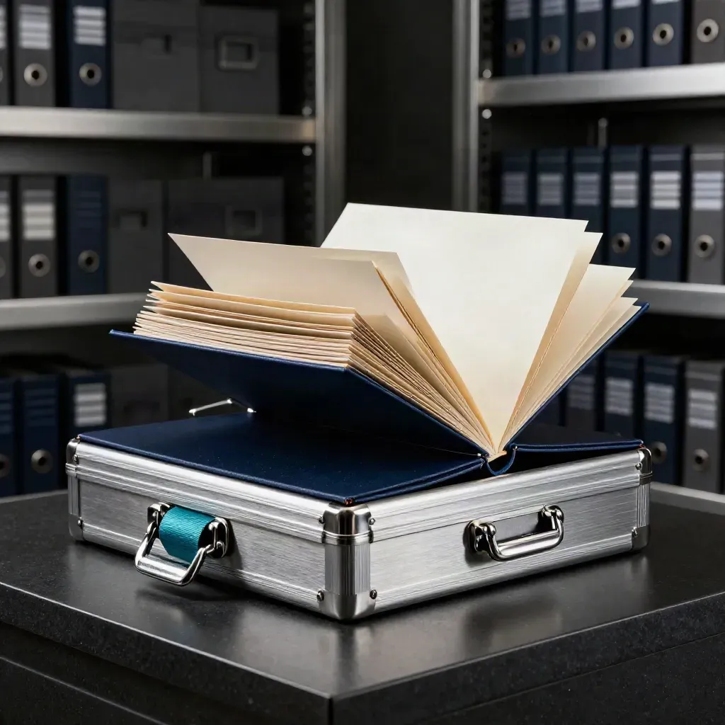 Exploding navy review folio, platinum archive box and teal ribbon in a dark vault-like studio.