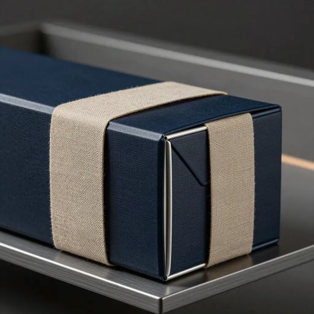 Macro of a navy archival file box with platinum edges and a linen wrap band.