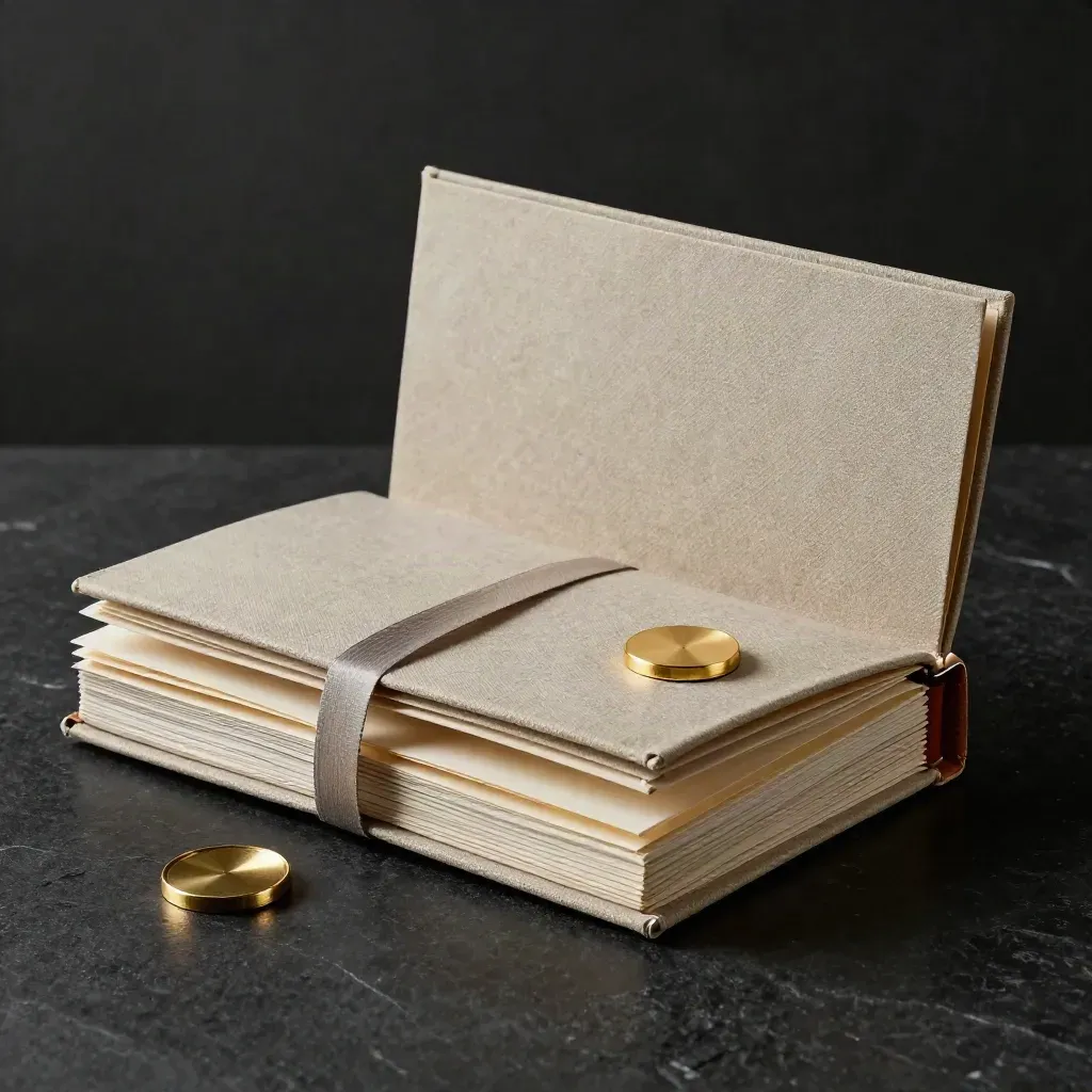 Linen archive folio with ribbon, brass token and blank inserts on a dark studio surface.