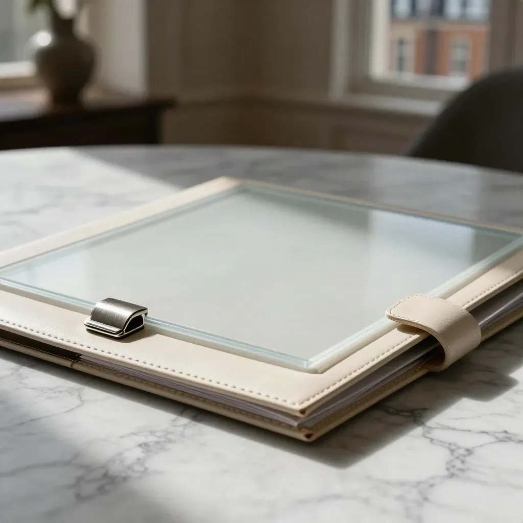 Marble tabletop with premium portfolio folder, clasp, and blurred townhouse interior.