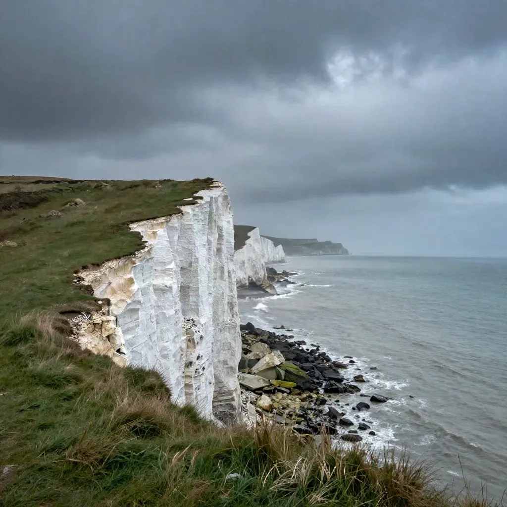 Storm-lit chalk cliff above a grey sea with mist and layered clouds