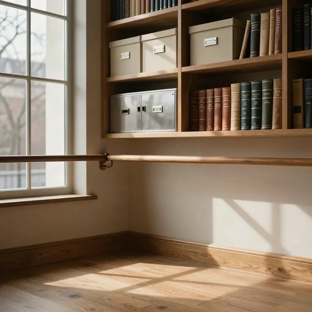 Sunlit oak library corner with archive boxes, tall window light, and calm floor space.
