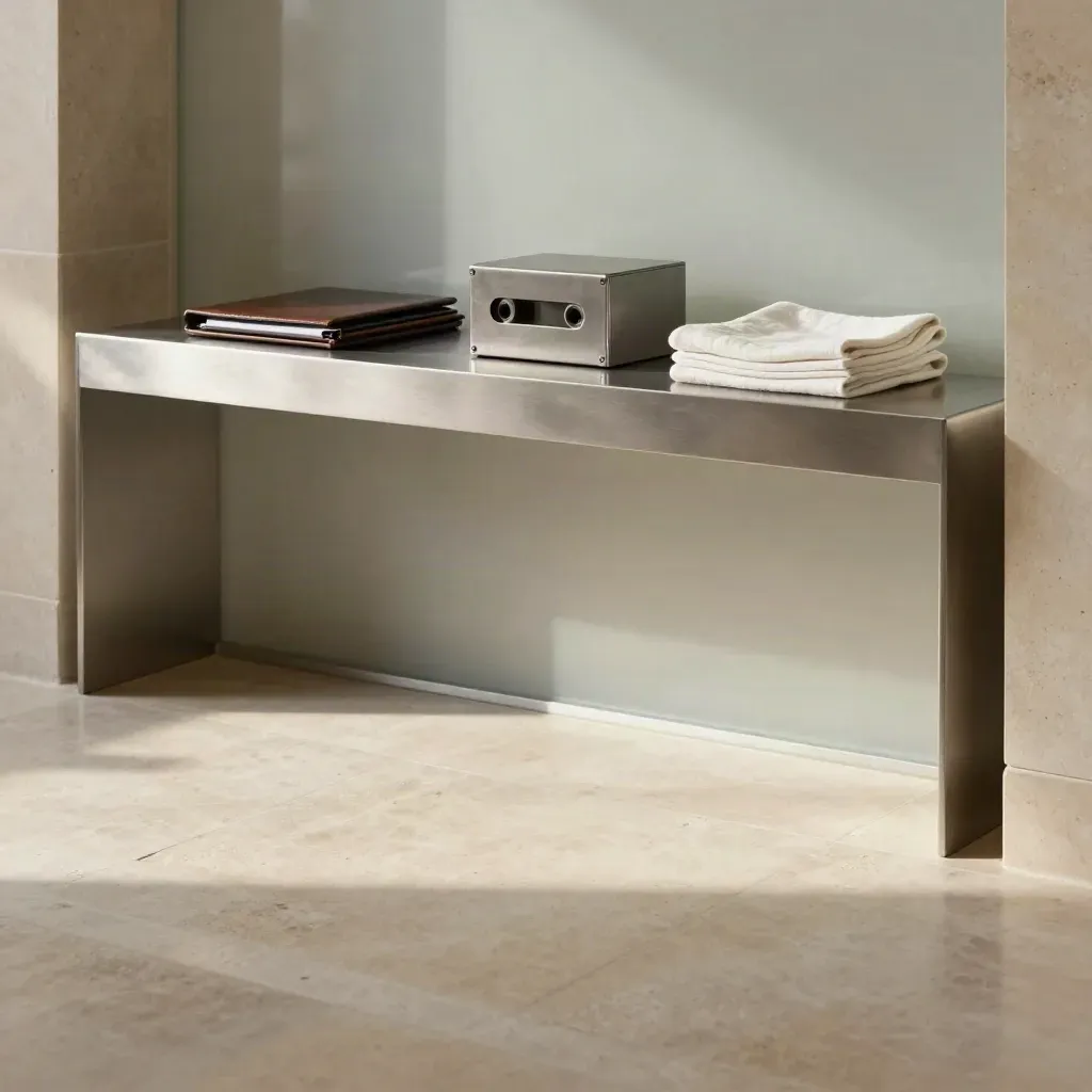 Stone foyer with metal console, closed archive cases, frosted glass, and warm light.