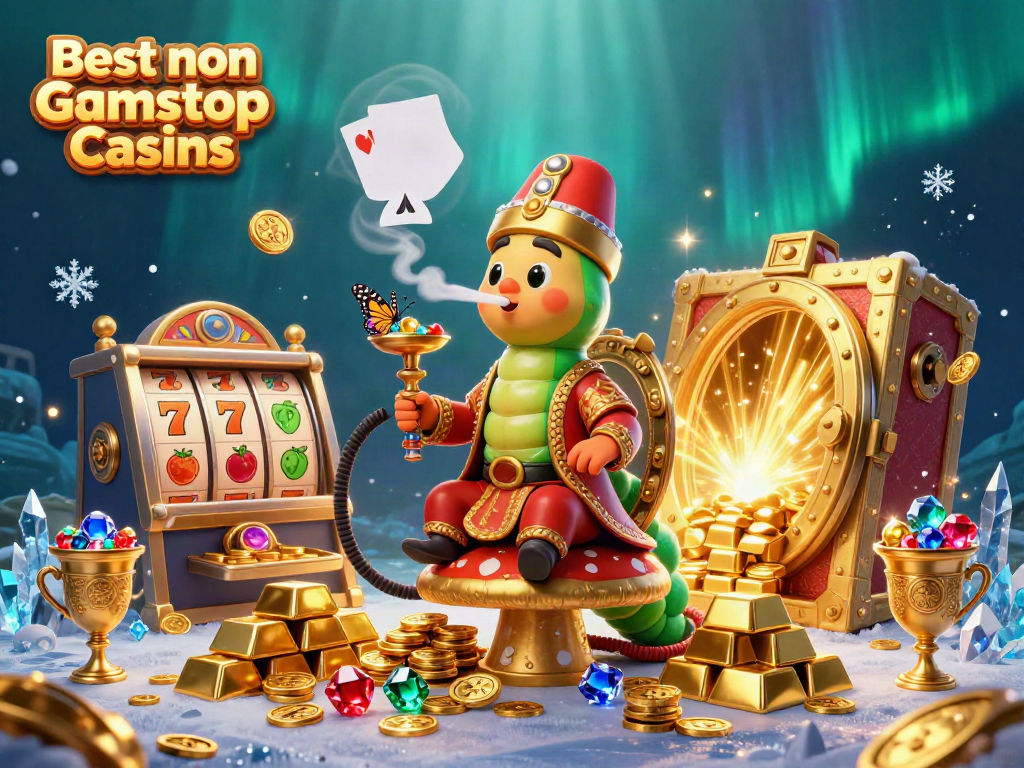 Exciting scene of Best non Gamstop Casinos with vibrant characters and slot elements.
