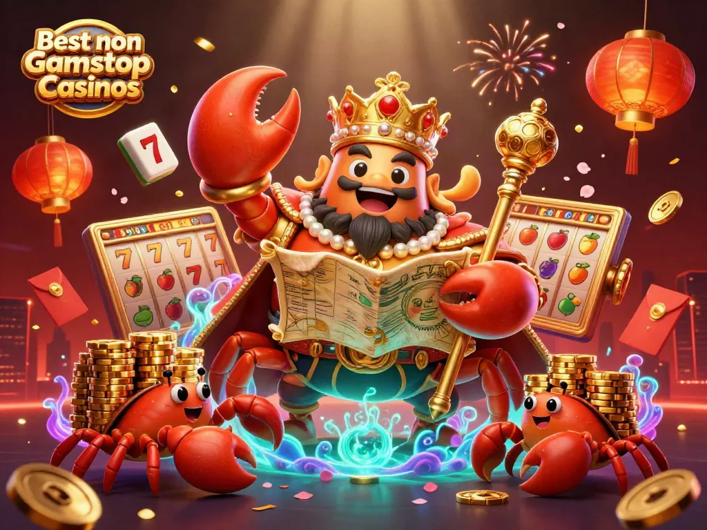 Experience the excitement of the Best non Gamstop Casinos with this vibrant 3D casino scene featuring a golden crab emperor and dynamic game elements.
