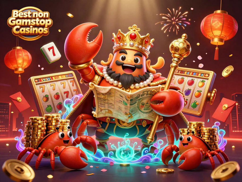 Experience the excitement of the Best non Gamstop Casinos with this vibrant 3D casino scene featuring a golden crab emperor and dynamic game elements.