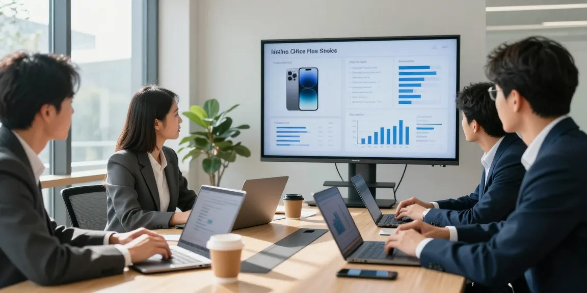Business professionals examining cheap business mobile deals in a collaborative office environment.