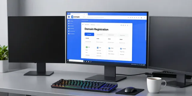 cheap .co.uk renewal process illustrated in a modern developer workspace with tech elements.