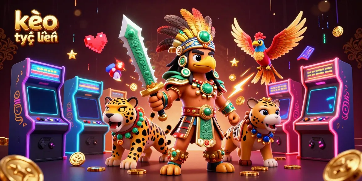 Experience kèo trực tuyến excitement with Aztec warriors amidst vibrant gaming elements in 3D.