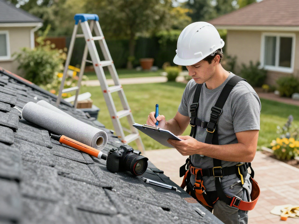 Experienced roofer inspecting felt roofing with materials and tools on site