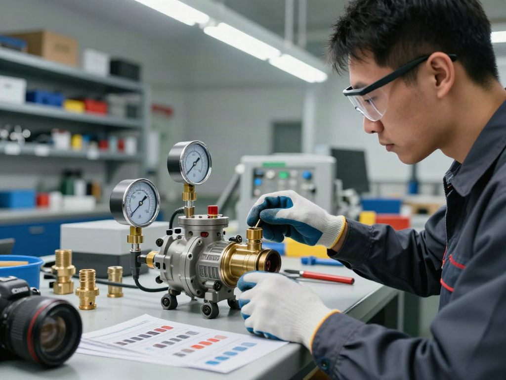 Technician examining a water pump pressure switch in an industrial workshop, showcasing quality control and maintenance.