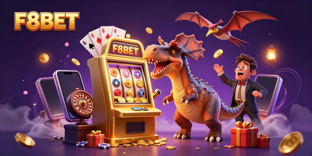 Experience the excitement of F8BET with cartoon dinosaurs celebrating a jackpot at a vibrant casino.