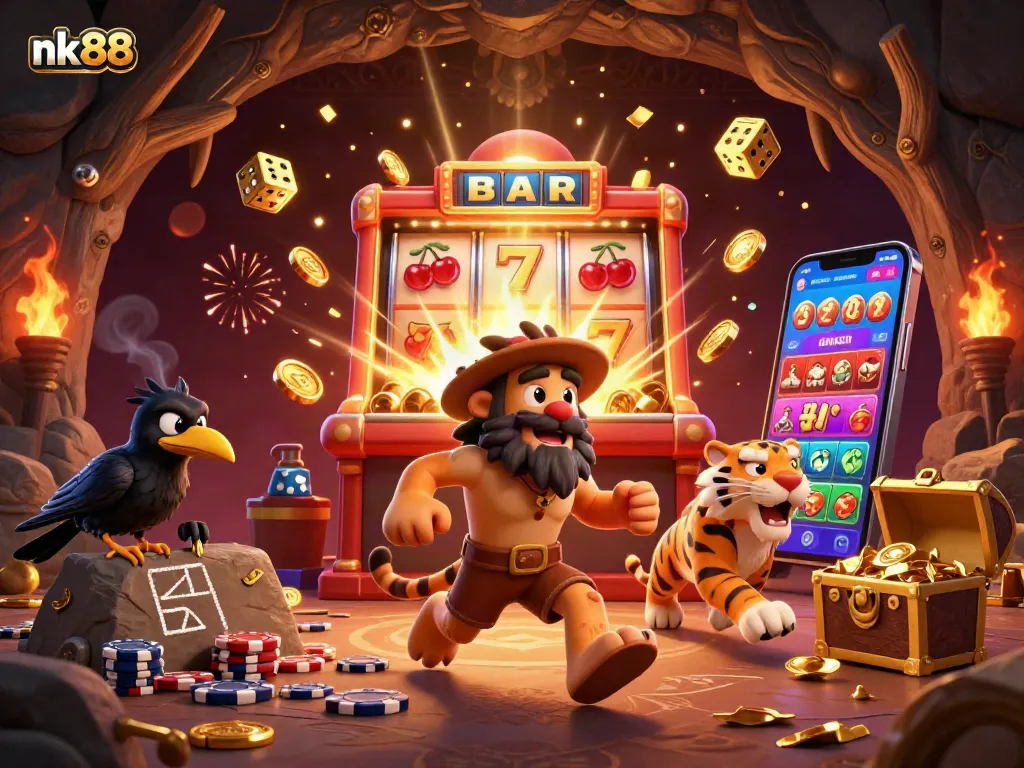 Spin and win with nk88 at our vibrant prehistoric casino featuring captivating characters and dynamic gaming elements.
