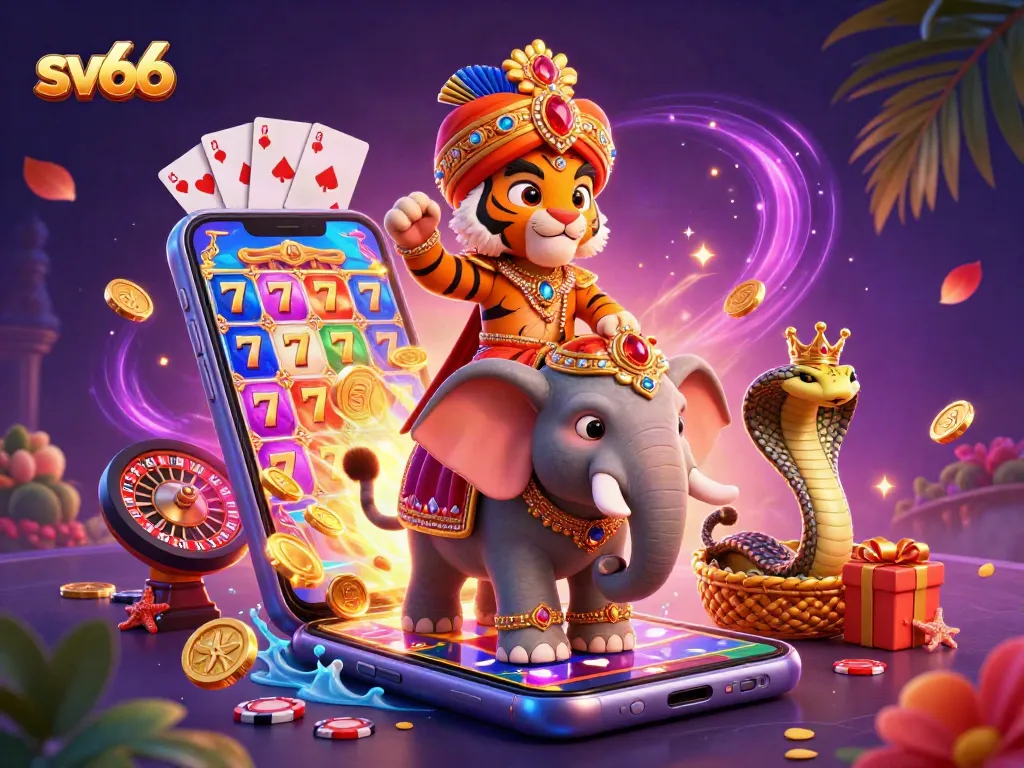 Experience sv66 through a vibrant scene featuring a maharaja tiger, elephant, cobra, and gambling elements.