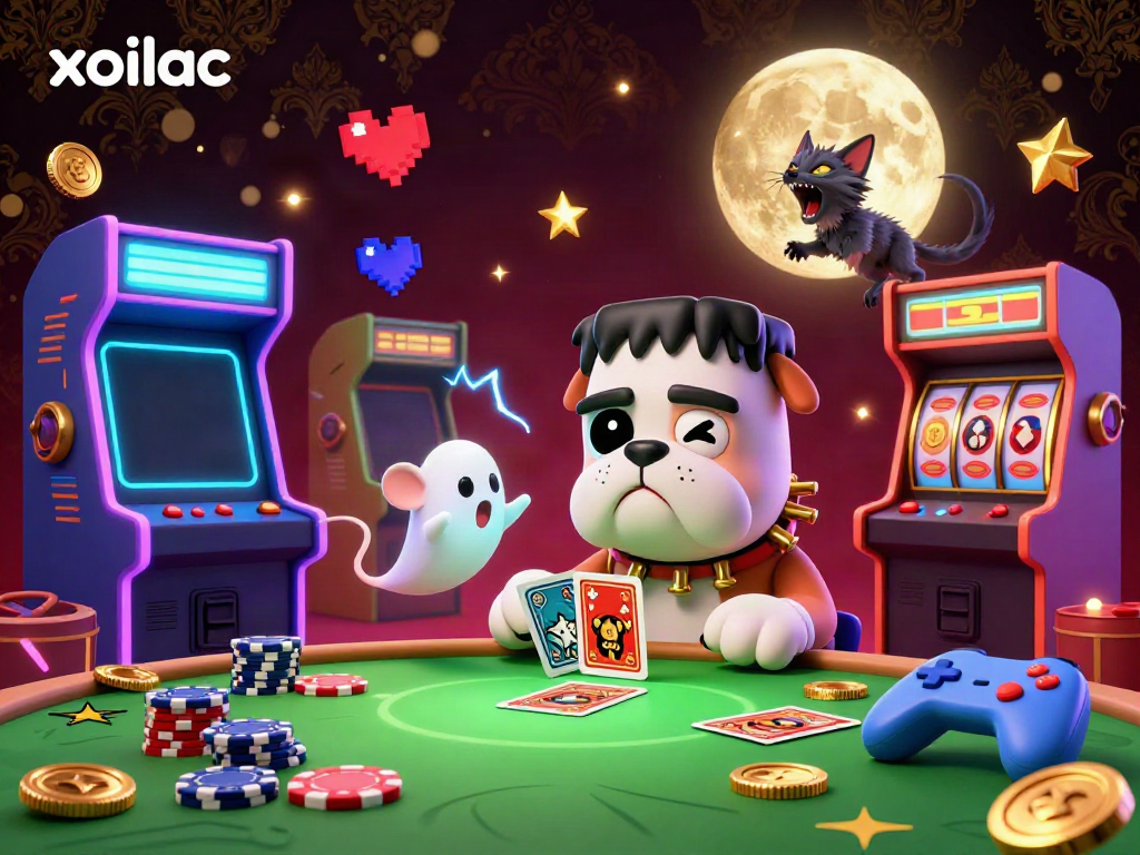 Xoilac features a vibrant gaming scene with a monstrous deal at a spooky table, showcasing engaging casino elements.