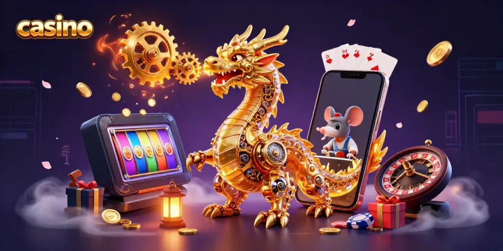 Experience a magical casino scene with a golden dragon and a mouse engineer amidst slot games and poker chips.