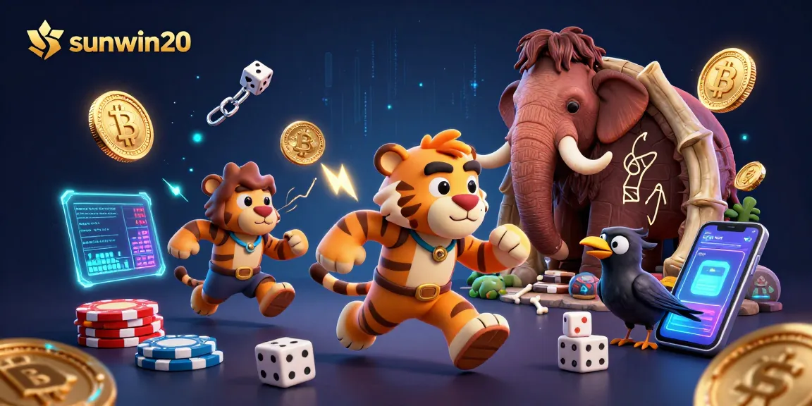 Experience the thrilling gameplay of sunwin20 with vibrant prehistoric casino scenes filled with neon coins and dynamic elements.
