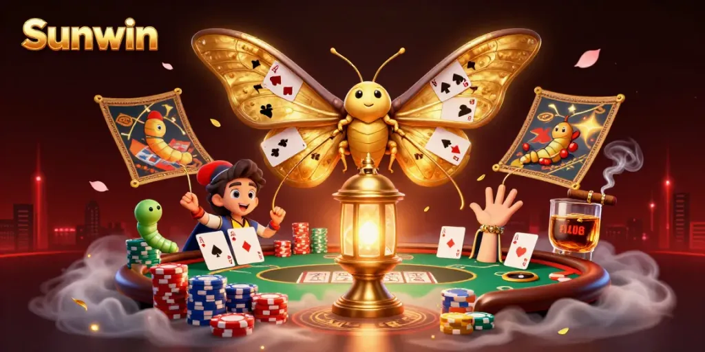 Experience the excitement of Sunwin's casino games in a colorful 3D illustration with moths and poker elements.