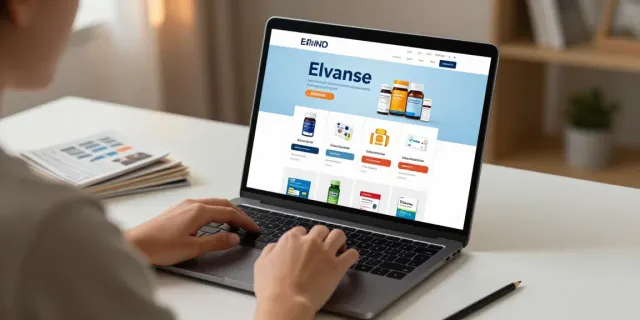 Elvanse for sale on an online shopping platform, showcasing ADHD medications, e-commerce experience.