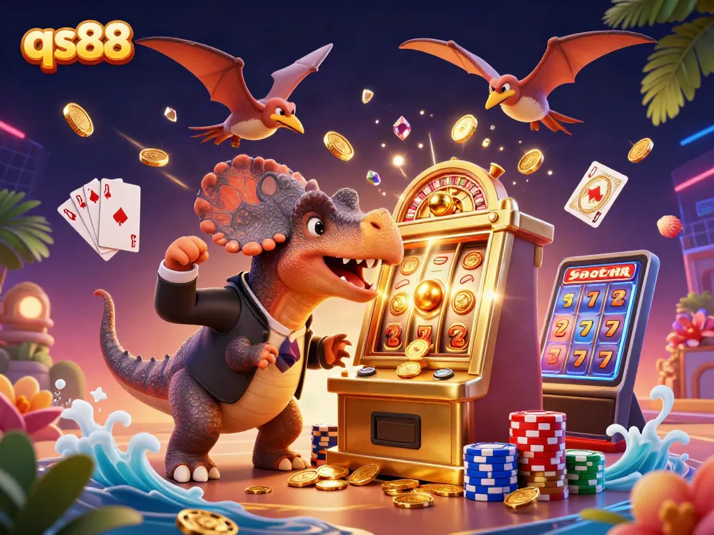 qs88 jackpot scene with a dinosaur celebrating a slot win amid cascading coins and cards