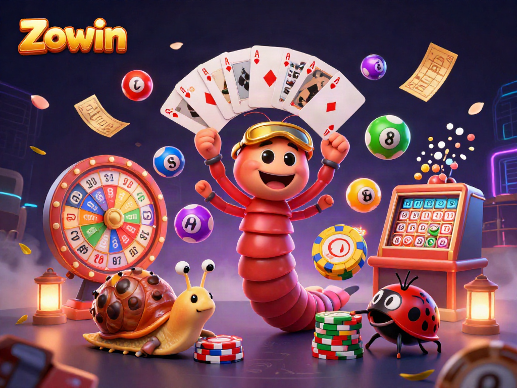 Zowin's vibrant casino scene with a millipede dealer, snail high-roller, and money effects.