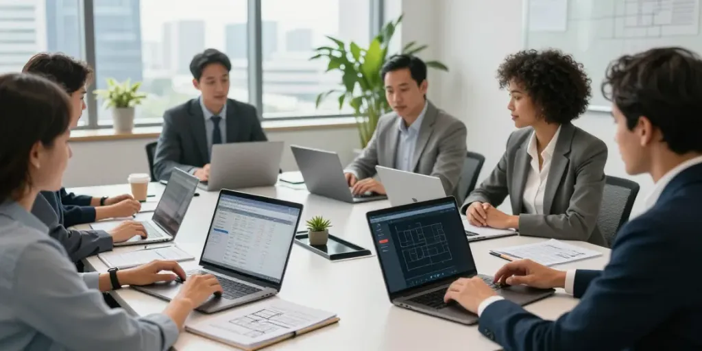 Team discussing tender pricing services in a modern corporate setting, laptops and project plans visible.