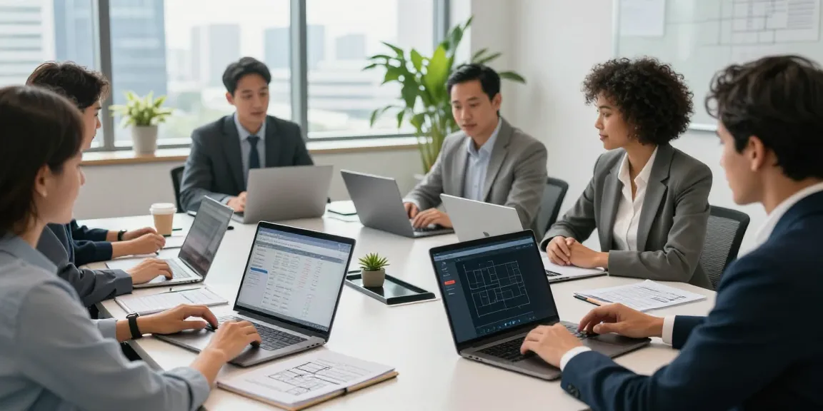 Team discussing tender pricing services in a modern corporate setting, laptops and project plans visible.