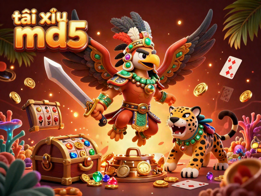 Experience the vibrant tài xỉu md5 gameplay with 3D warriors, slots, and treasures in a dynamic casino scene.