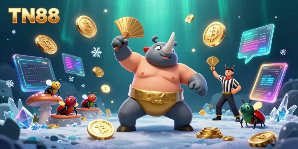 Experience excitement with TN88's dynamic casino scene featuring a beetle champion and scattered crypto coins.