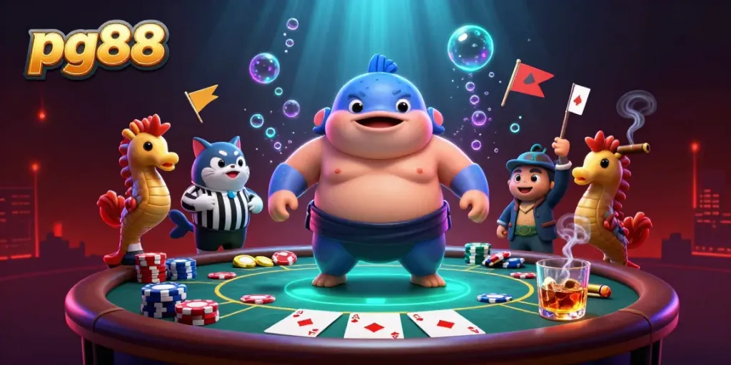 Poker battle scene with pg88-themed fugu and catfish referee amidst vibrant casino elements